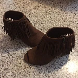 Soda brown peep toe fringe bootie with zipper